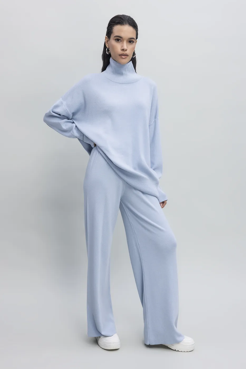 Bayan Mavi Bol Paça Triko Pantolon