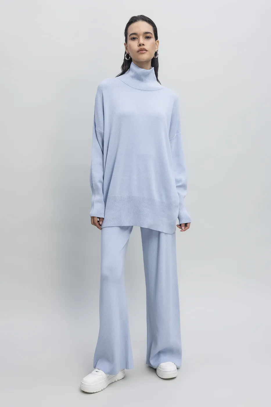 Bayan Mavi Bol Paça Triko Pantolon