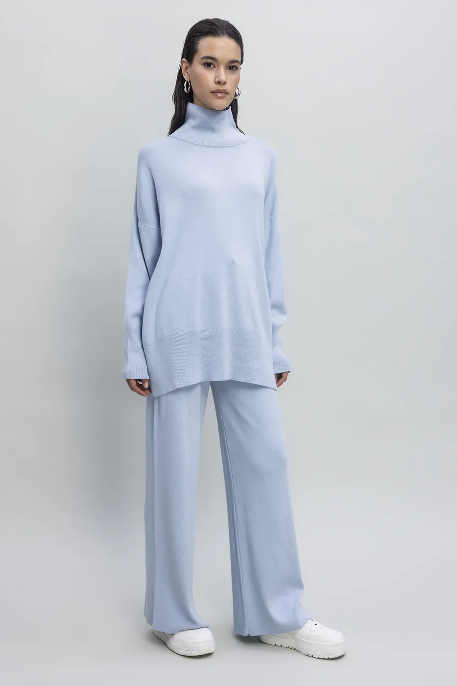 Bayan Mavi Bol Paça Triko Pantolon