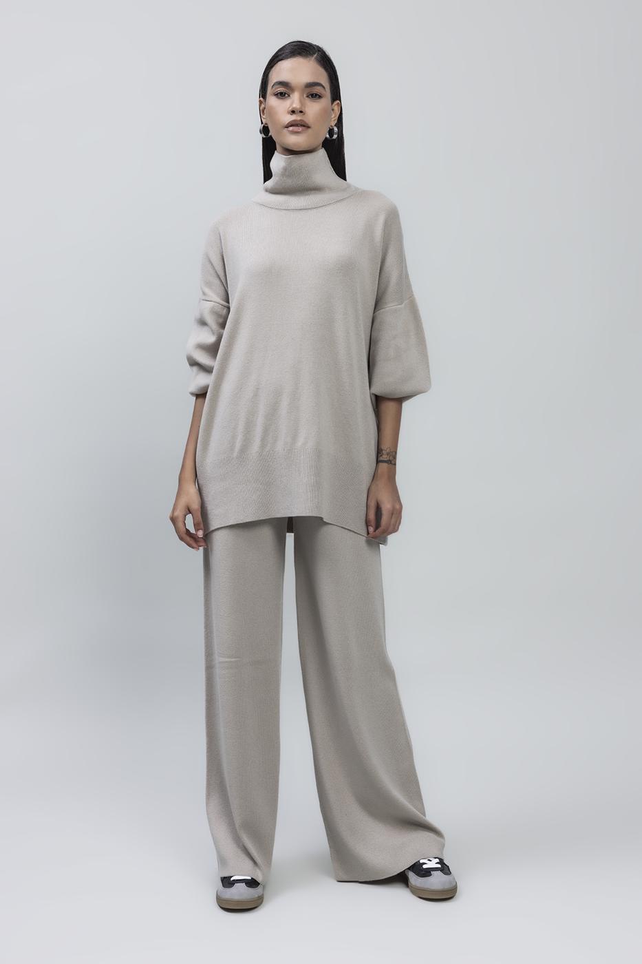 Bayan Taş Bol Paça Triko Pantolon