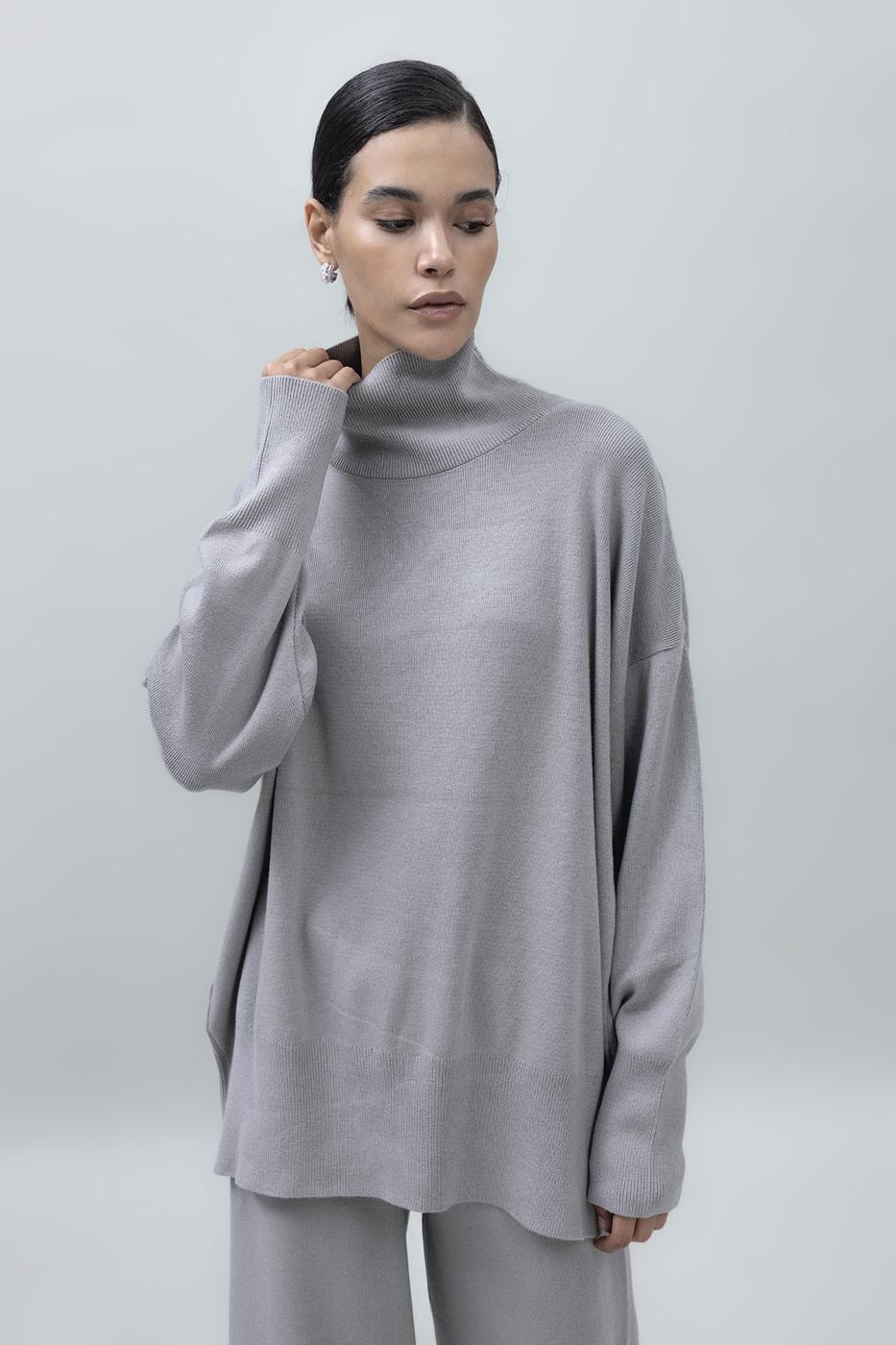 Bayan Gri Dik Balıkçı Yaka Rahat Kalıp Triko Kazak