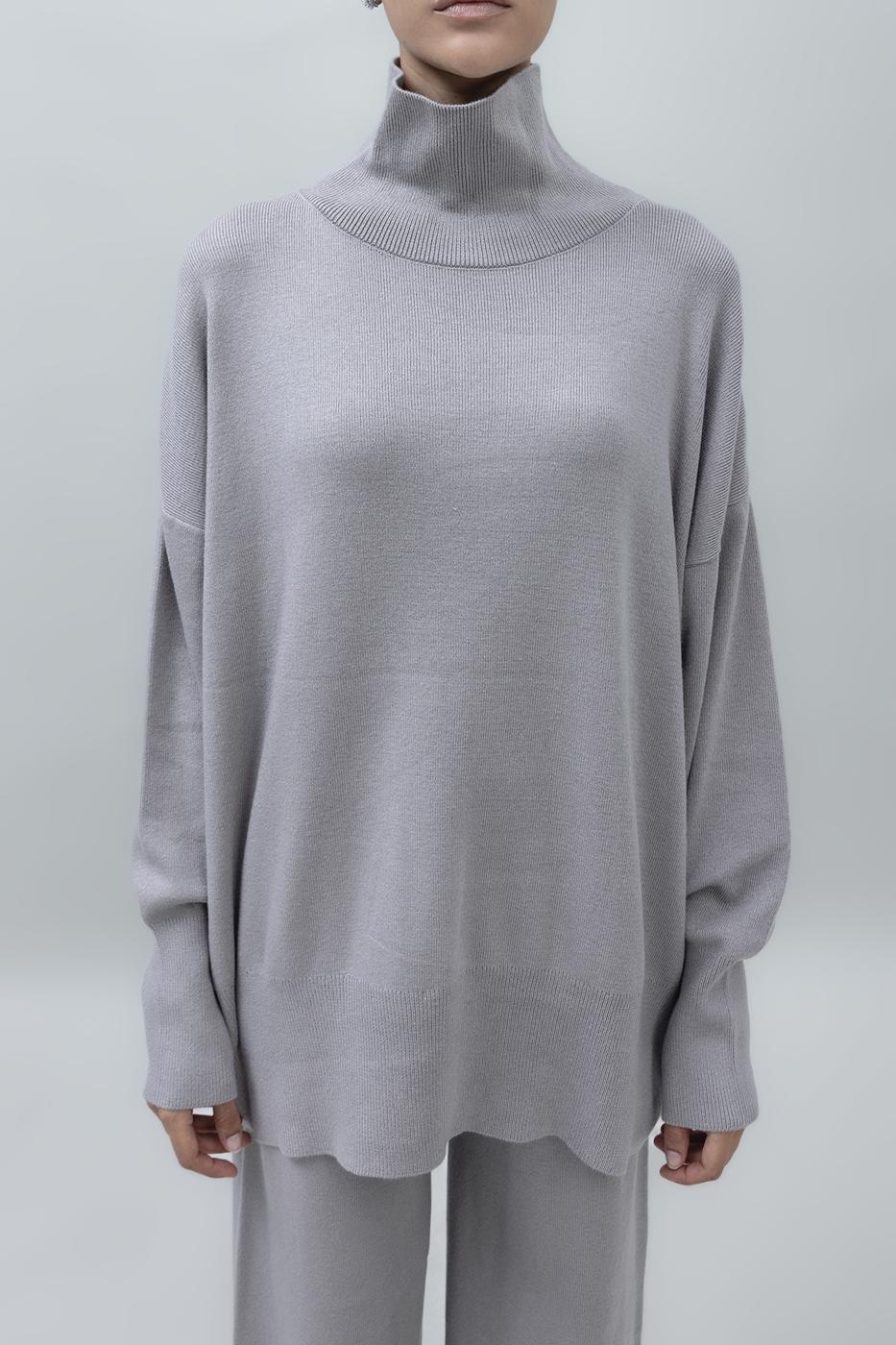 Bayan Gri Dik Balıkçı Yaka Rahat Kalıp Triko Kazak