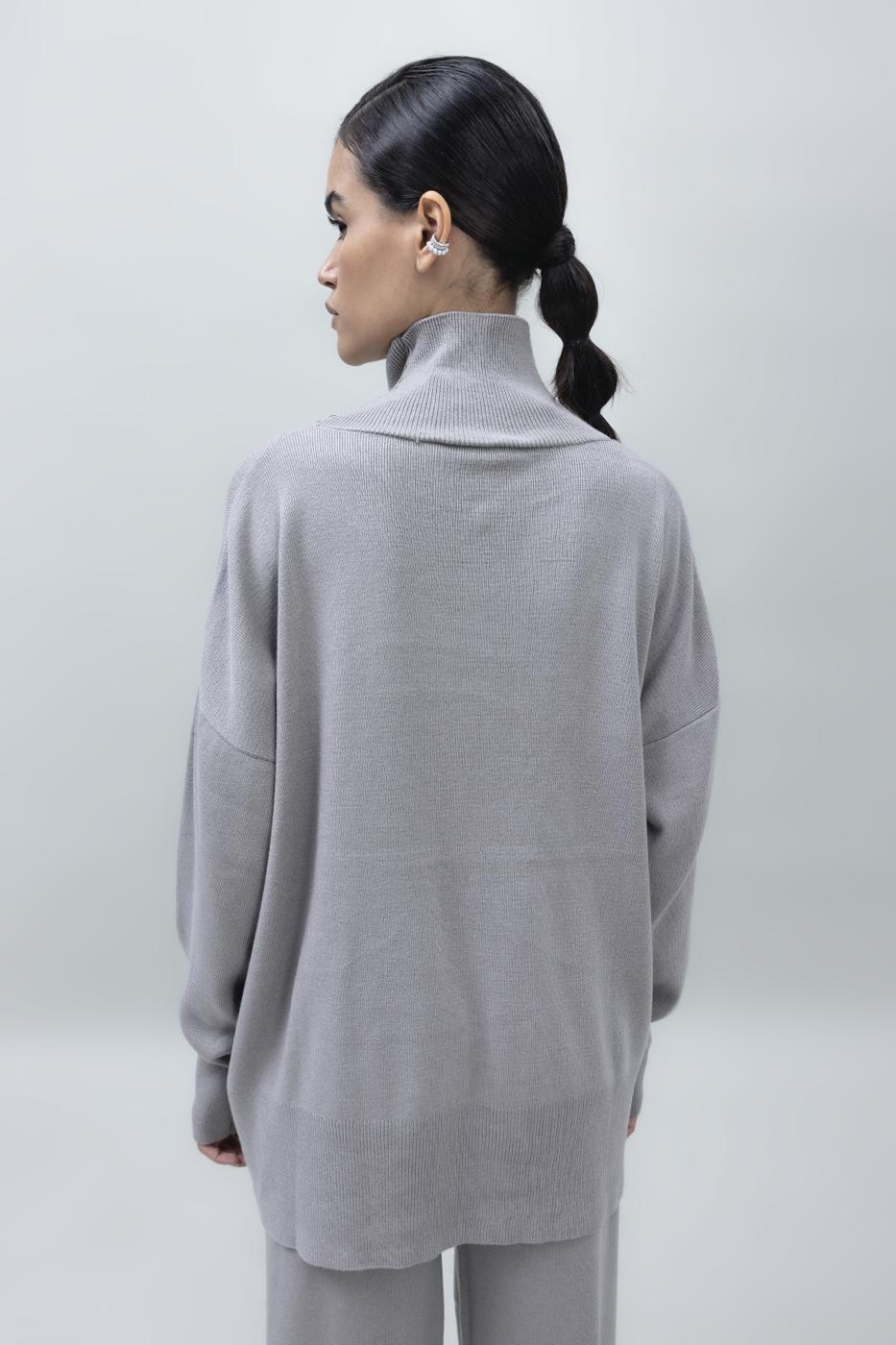 Bayan Gri Dik Balıkçı Yaka Rahat Kalıp Triko Kazak