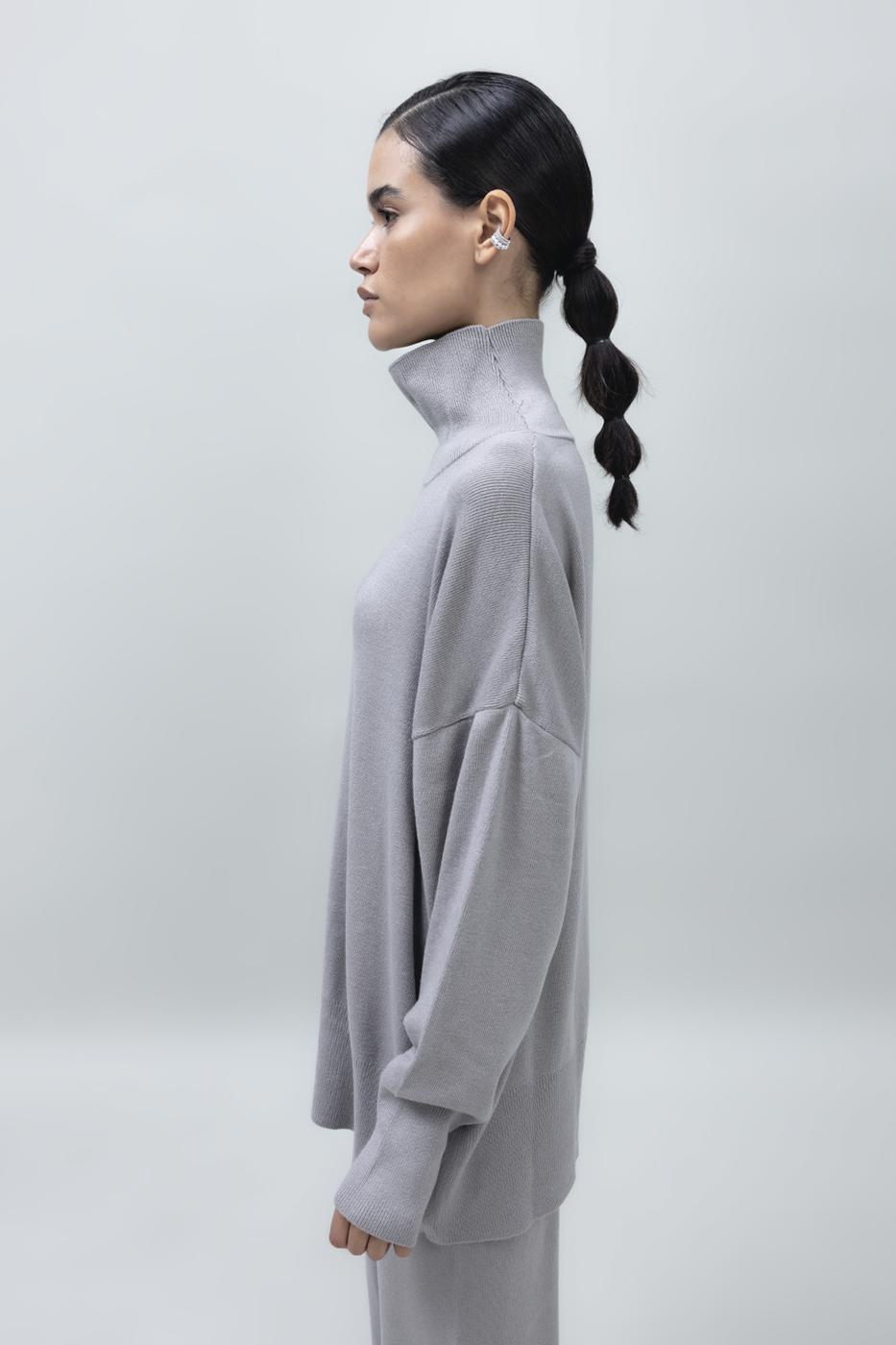 Bayan Gri Dik Balıkçı Yaka Rahat Kalıp Triko Kazak