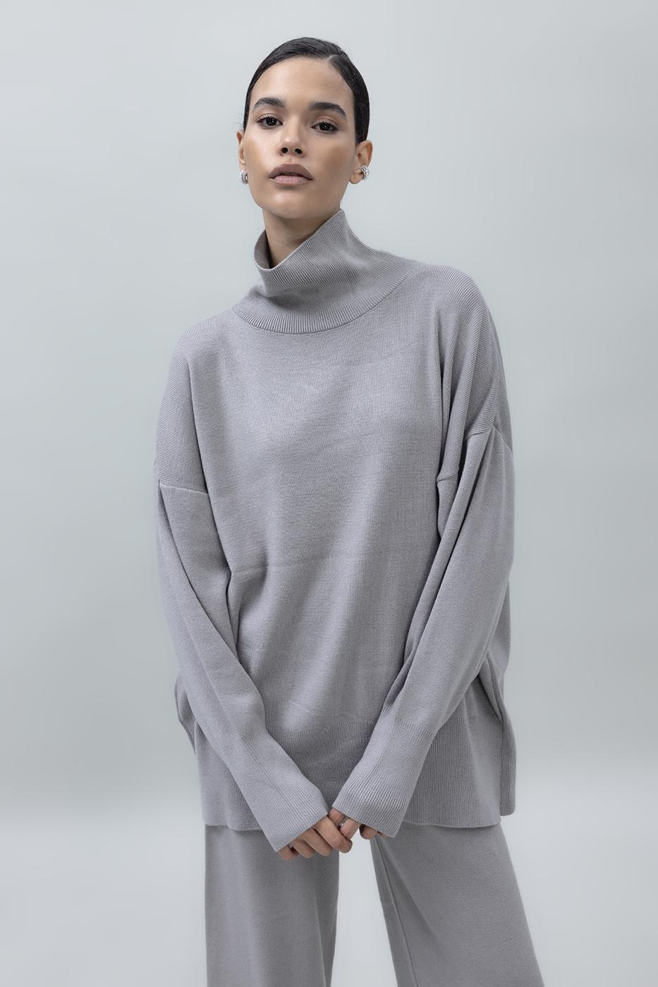 Bayan Gri Dik Balıkçı Yaka Rahat Kalıp Triko Kazak