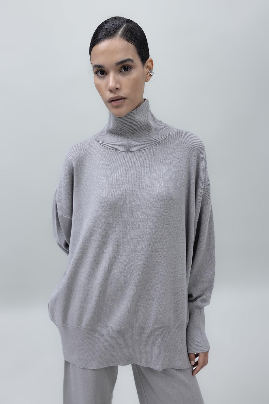 Bayan Gri Dik Balıkçı Yaka Rahat Kalıp Triko Kazak
