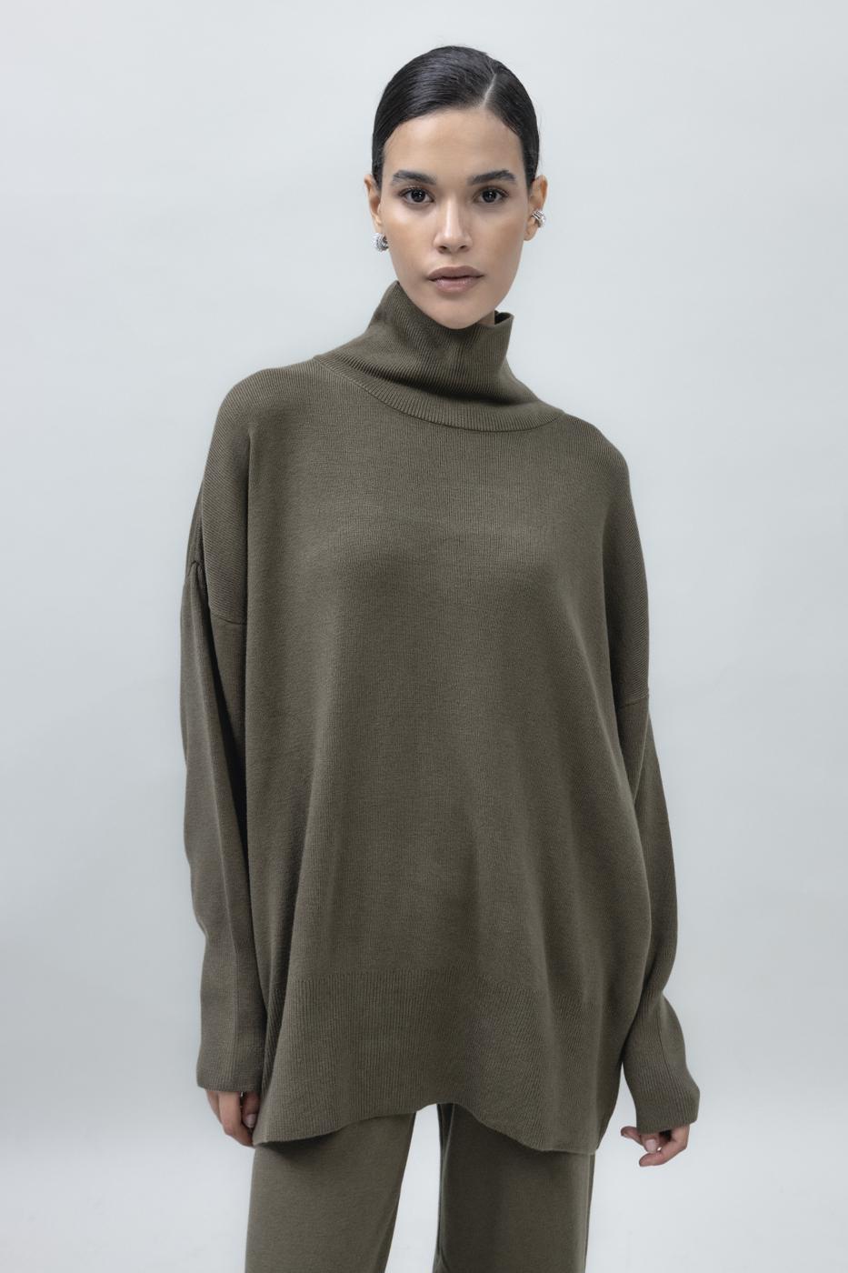 Bayan Haki Dik Balıkçı Yaka Rahat Kalıp Triko Kazak