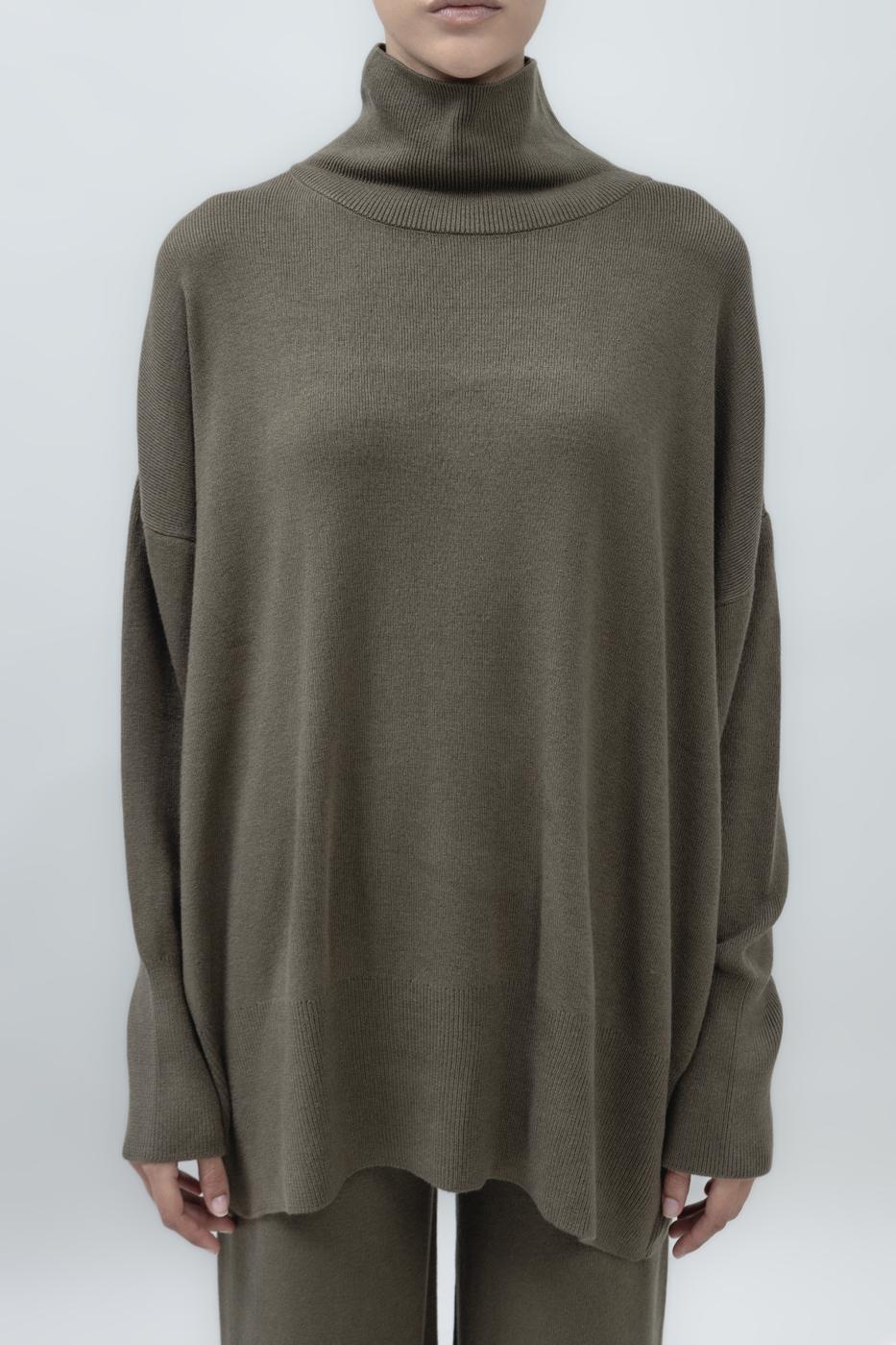 Bayan Haki Dik Balıkçı Yaka Rahat Kalıp Triko Kazak