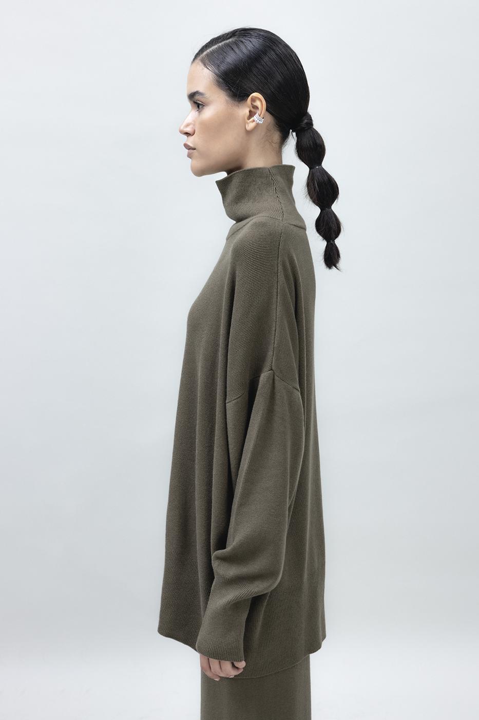 Bayan Haki Dik Balıkçı Yaka Rahat Kalıp Triko Kazak