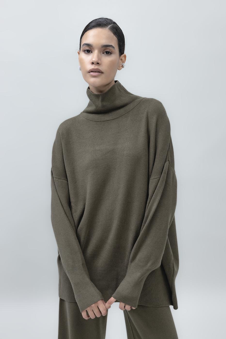 Bayan Haki Dik Balıkçı Yaka Rahat Kalıp Triko Kazak