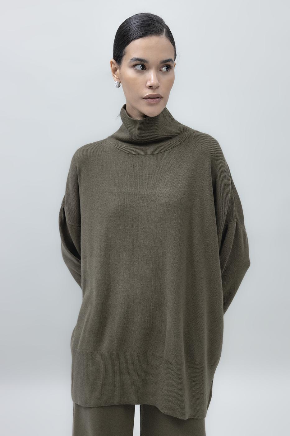 Bayan Haki Dik Balıkçı Yaka Rahat Kalıp Triko Kazak