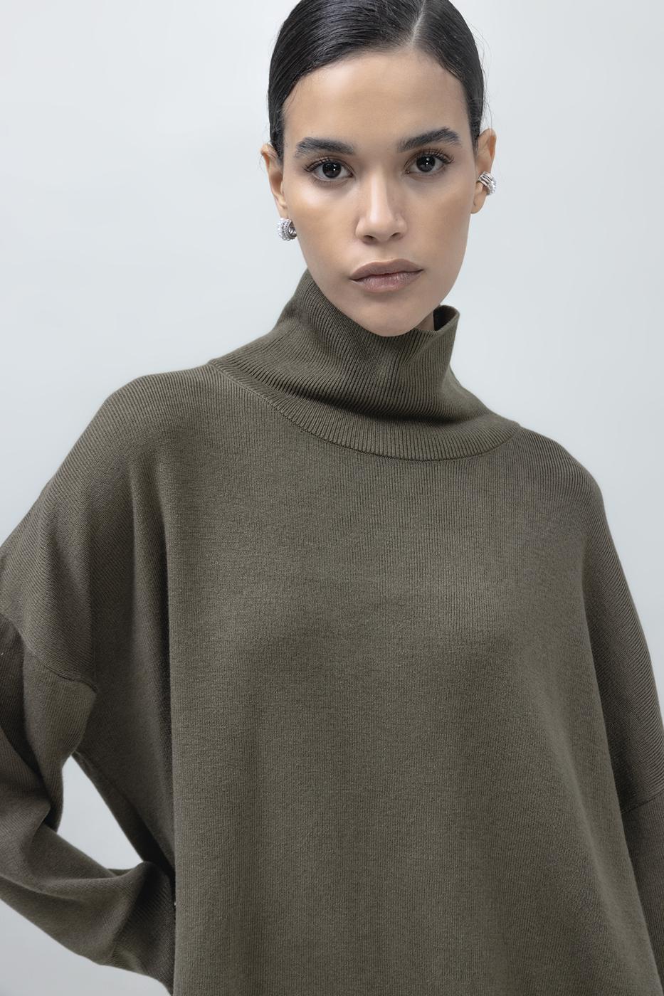 Bayan Haki Dik Balıkçı Yaka Rahat Kalıp Triko Kazak