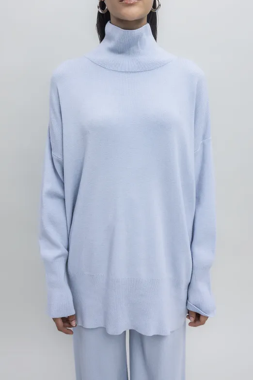 Bayan Mavi Dik Balıkçı Yaka Rahat Kalıp Triko Kazak - BSL