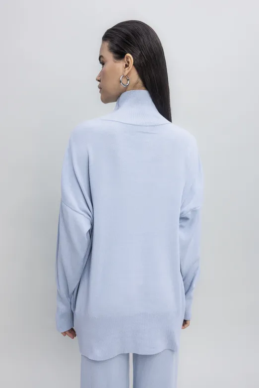 Bayan Mavi Dik Balıkçı Yaka Rahat Kalıp Triko Kazak - BSL