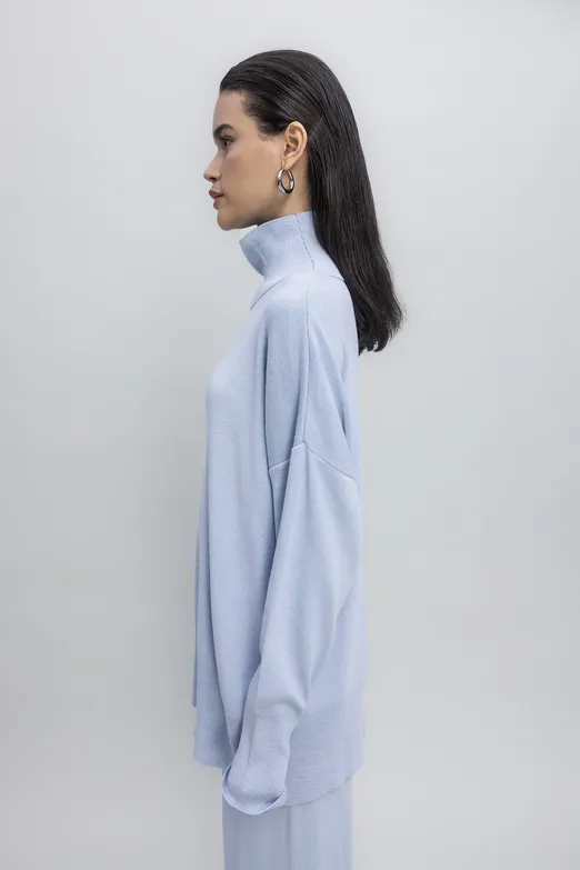 Bayan Mavi Dik Balıkçı Yaka Rahat Kalıp Triko Kazak - BSL