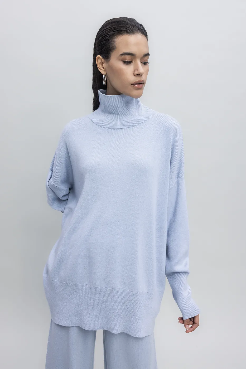 Bayan Mavi Dik Balıkçı Yaka Rahat Kalıp Triko Kazak