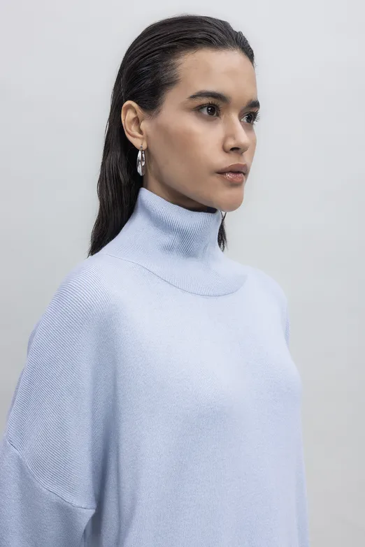 Bayan Mavi Dik Balıkçı Yaka Rahat Kalıp Triko Kazak - BSL