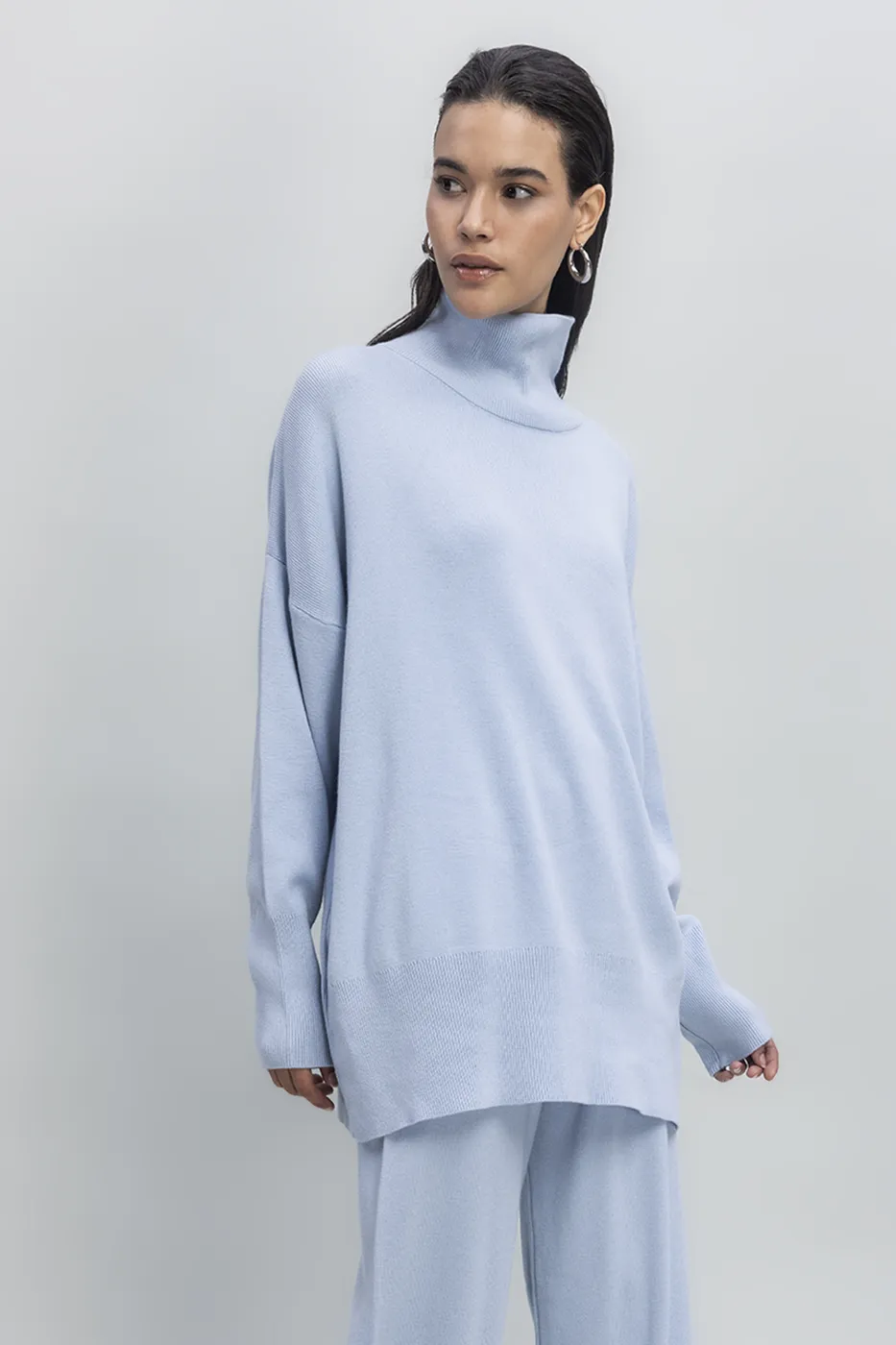 Bayan Mavi Dik Balıkçı Yaka Rahat Kalıp Triko Kazak