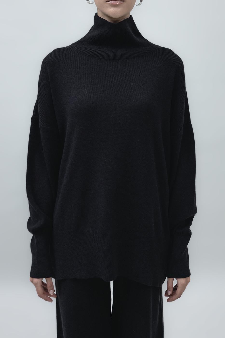 Bayan Siyah Dik Balıkçı Yaka Rahat Kalıp Triko Kazak