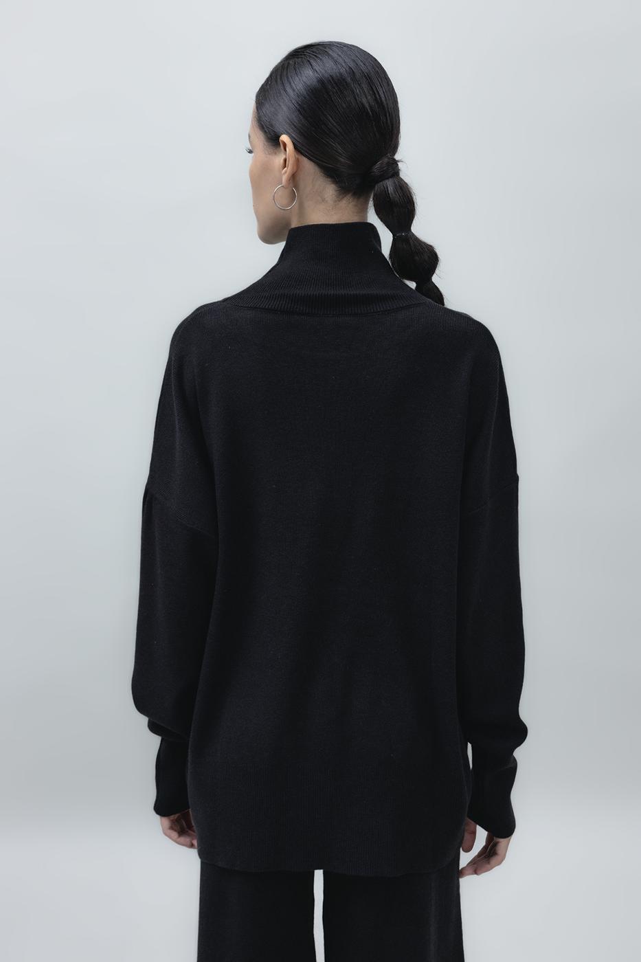 Bayan Siyah Dik Balıkçı Yaka Rahat Kalıp Triko Kazak