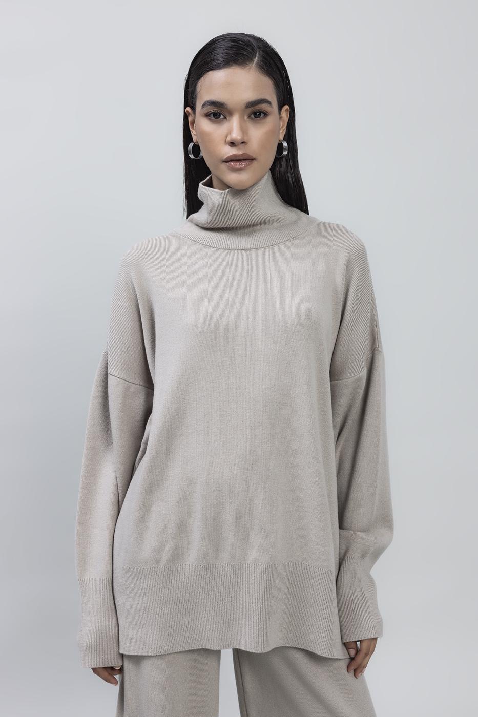 Bayan Taş Dik Balıkçı Yaka Rahat Kalıp Triko Kazak