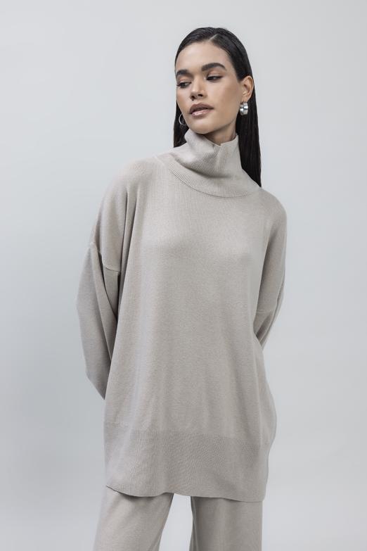 Bayan Taş Dik Balıkçı Yaka Rahat Kalıp Triko Kazak - BSL