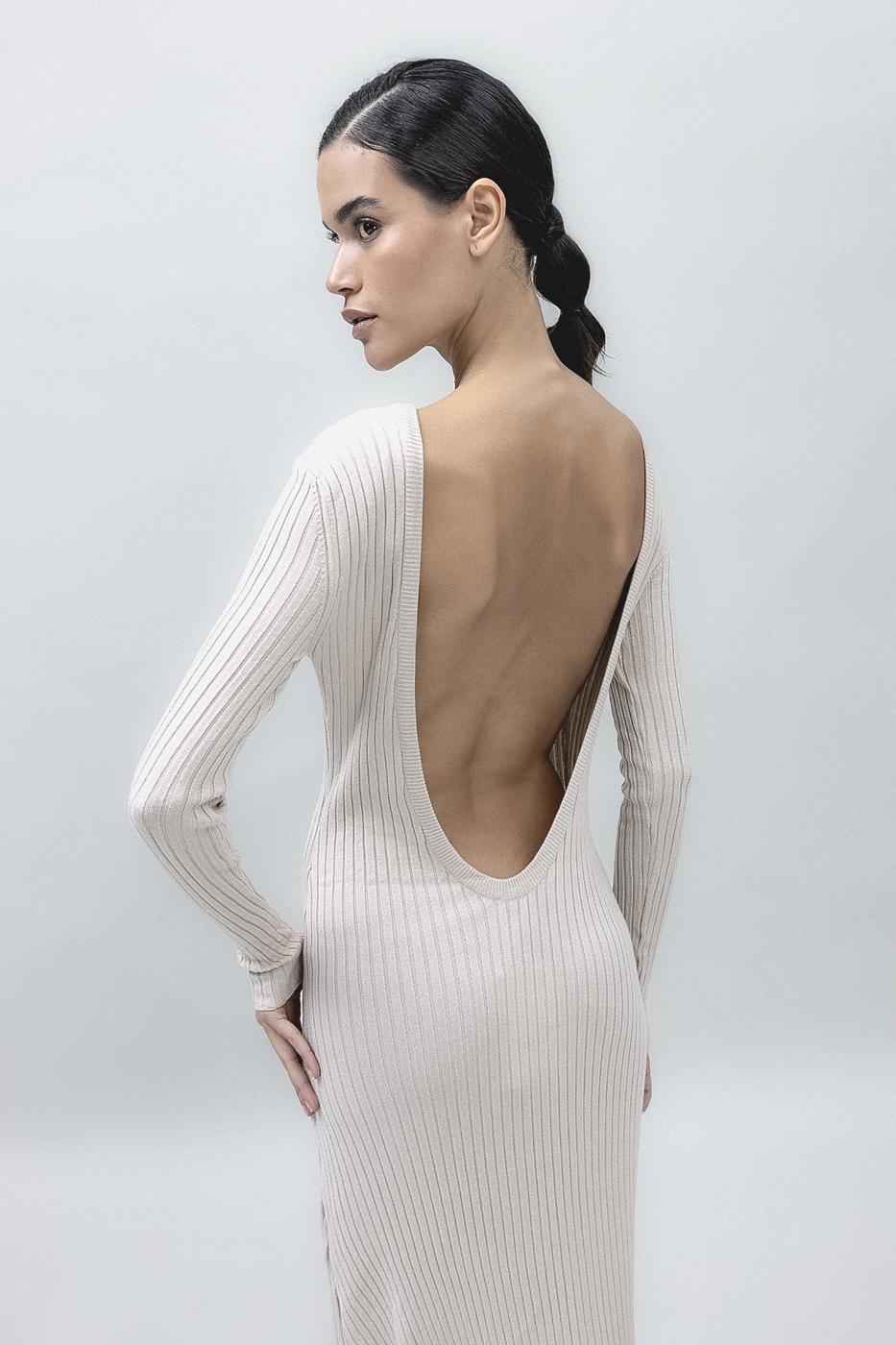 Bayan Bej Sırt Dekolteli Midi Elbise