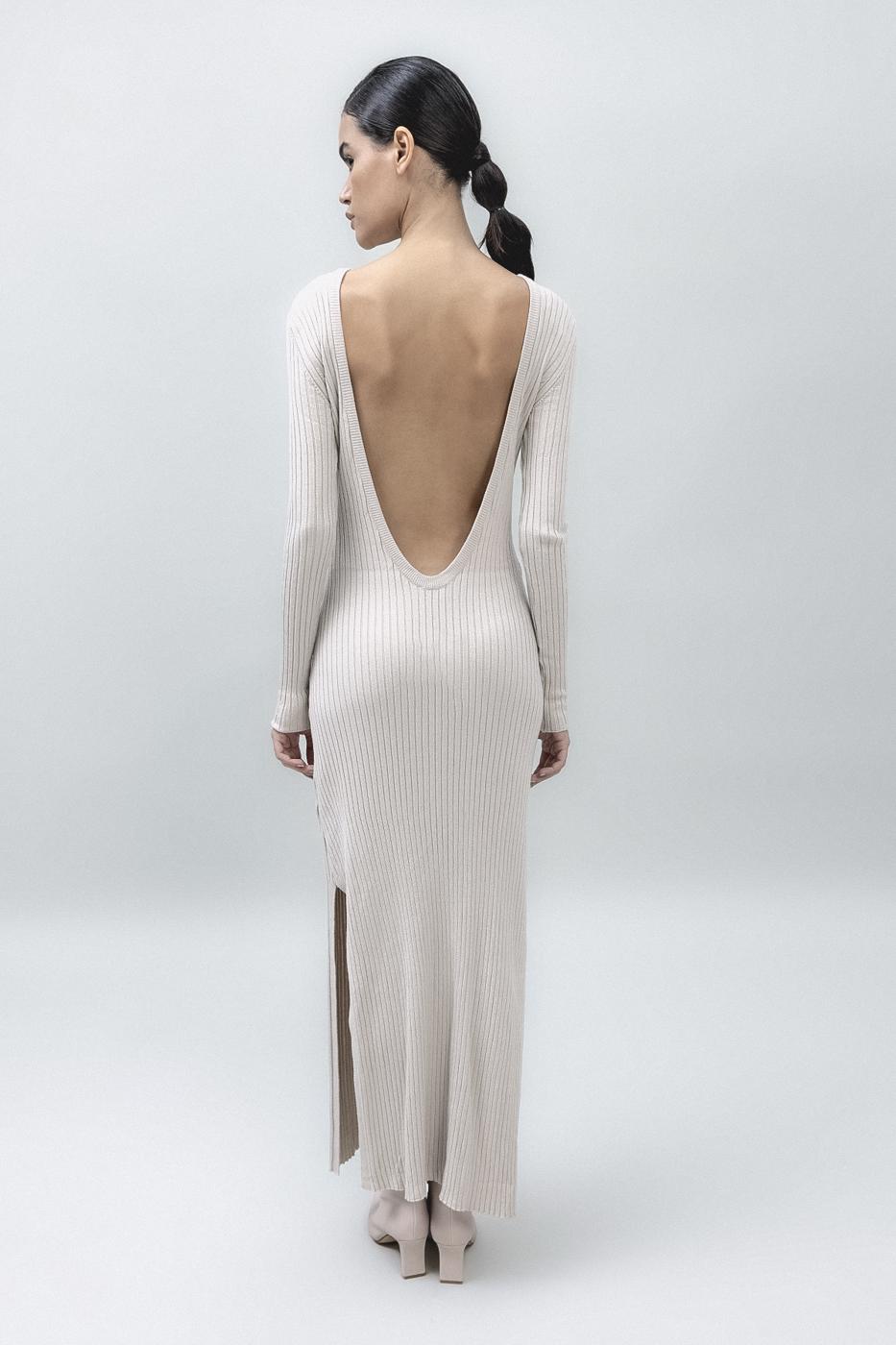 Bayan Bej Sırt Dekolteli Midi Elbise