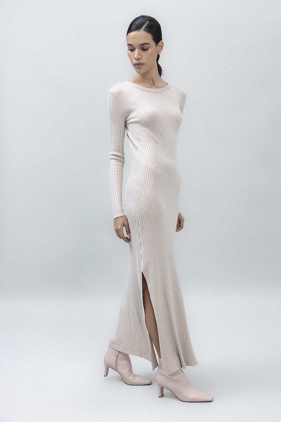 Bayan Bej Sırt Dekolteli Midi Elbise