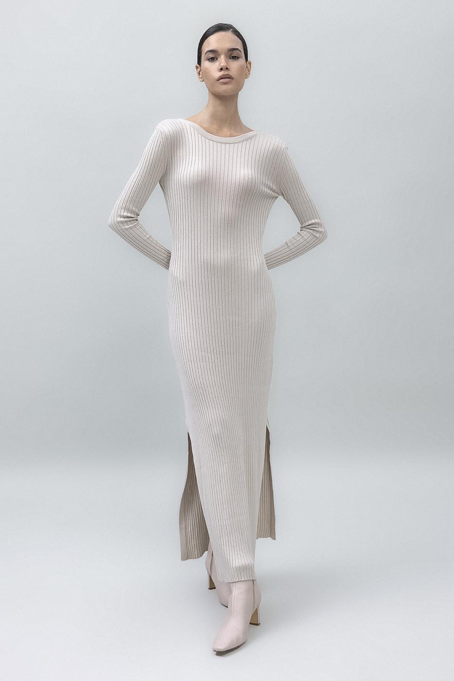 Bayan Bej Sırt Dekolteli Midi Elbise