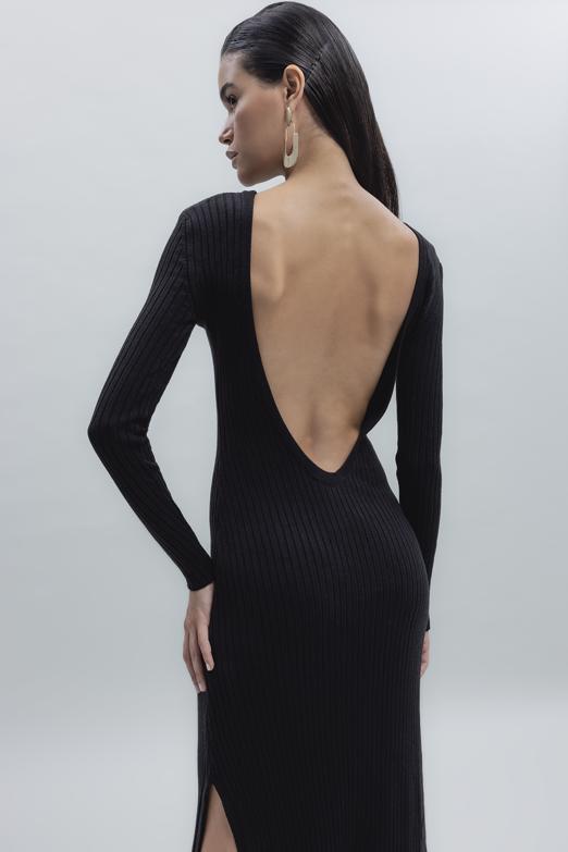 Bayan Siyah Sırt Dekolteli Midi Elbise - BSL