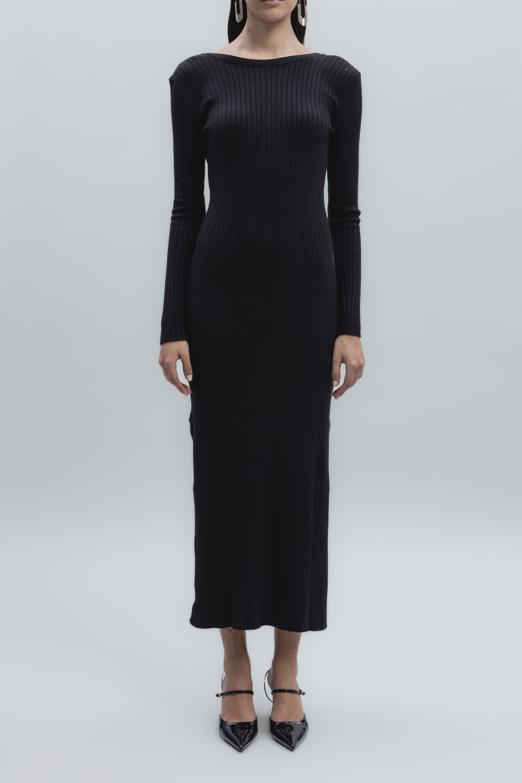 Bayan Siyah Sırt Dekolteli Midi Elbise - BSL