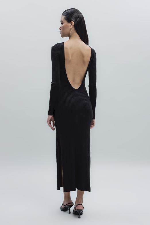 Bayan Siyah Sırt Dekolteli Midi Elbise - BSL