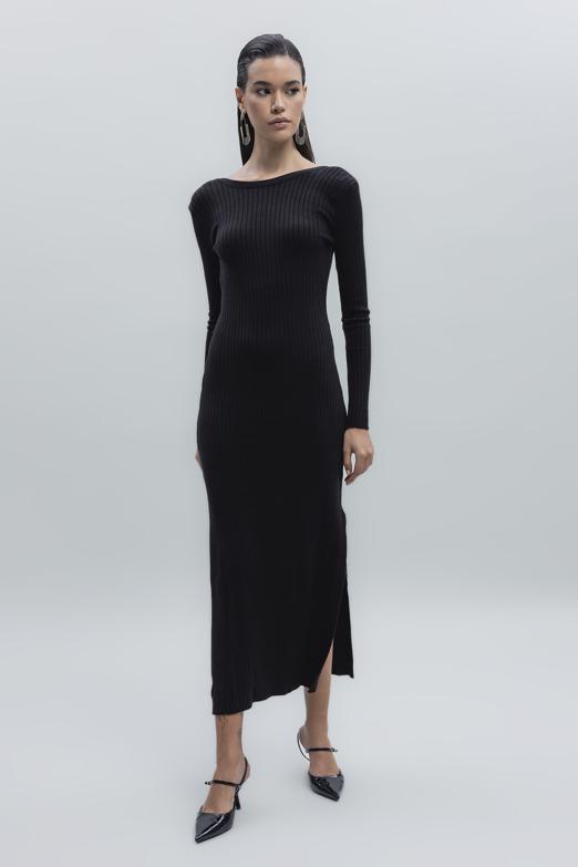 Bayan Siyah Sırt Dekolteli Midi Elbise - BSL