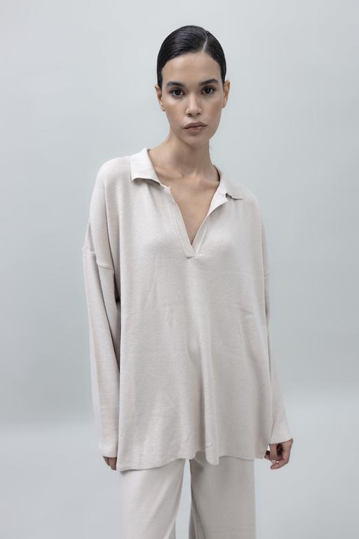 Bayan Bej Yakalı Oversize Triko Kazak - BSL