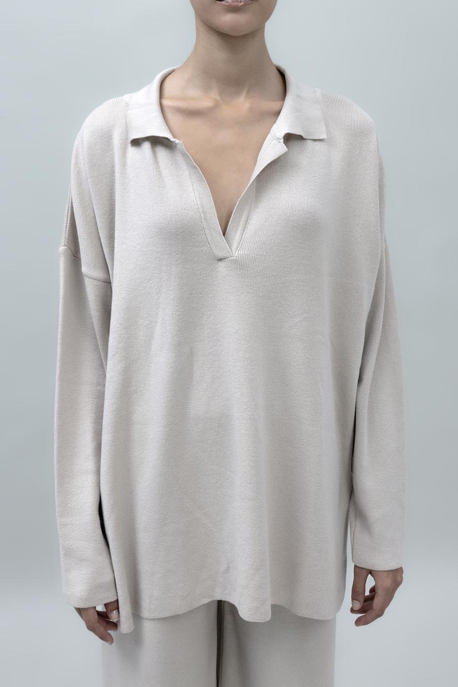 Bayan Bej Yakalı Oversize Triko Kazak