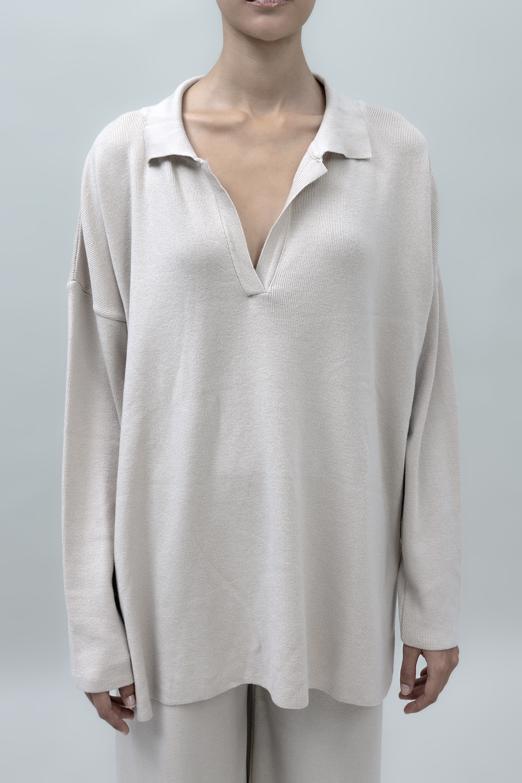 Bayan Bej Yakalı Oversize Triko Kazak - BSL