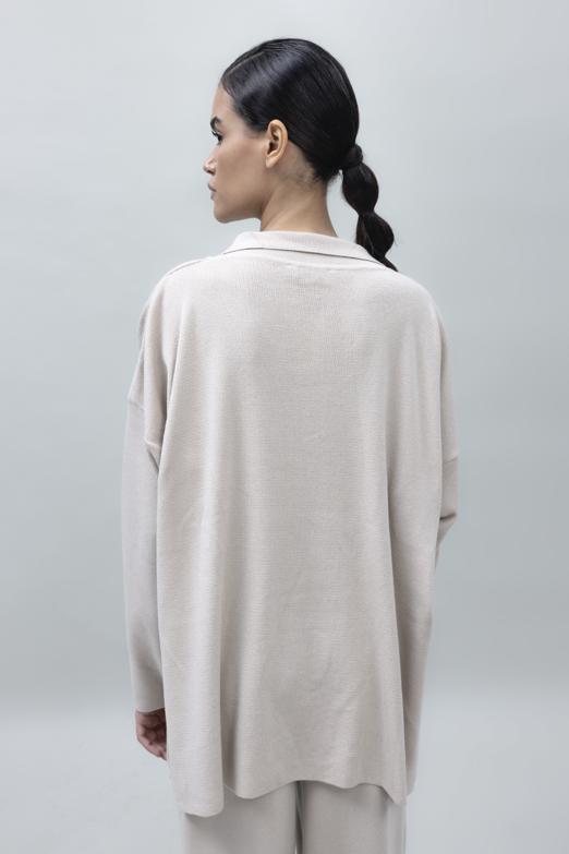 Bayan Bej Yakalı Oversize Triko Kazak - BSL