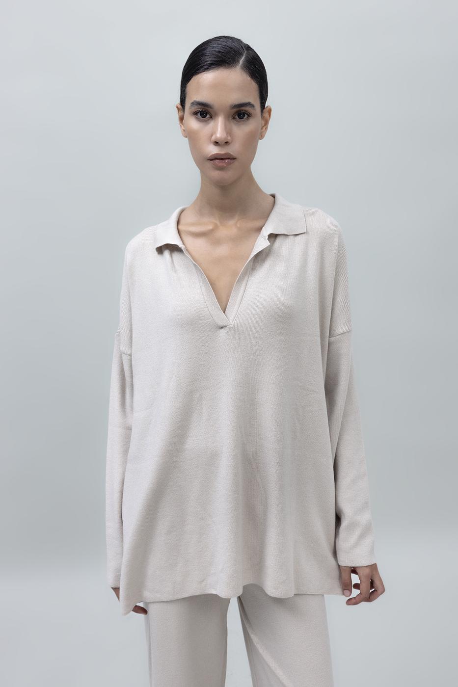 Bayan Bej Yakalı Oversize Triko Kazak