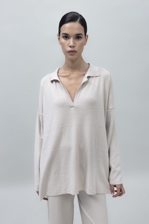 Bayan Bej Yakalı Oversize Triko Kazak - BSL