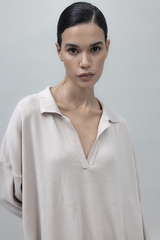 Bayan Bej Yakalı Oversize Triko Kazak - BSL