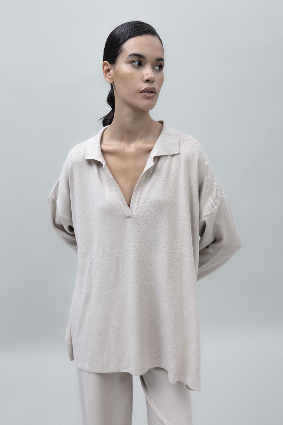 Bayan Bej Yakalı Oversize Triko Kazak