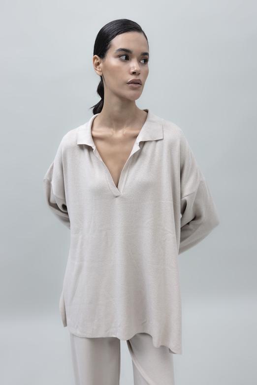 Bayan Bej Yakalı Oversize Triko Kazak - BSL