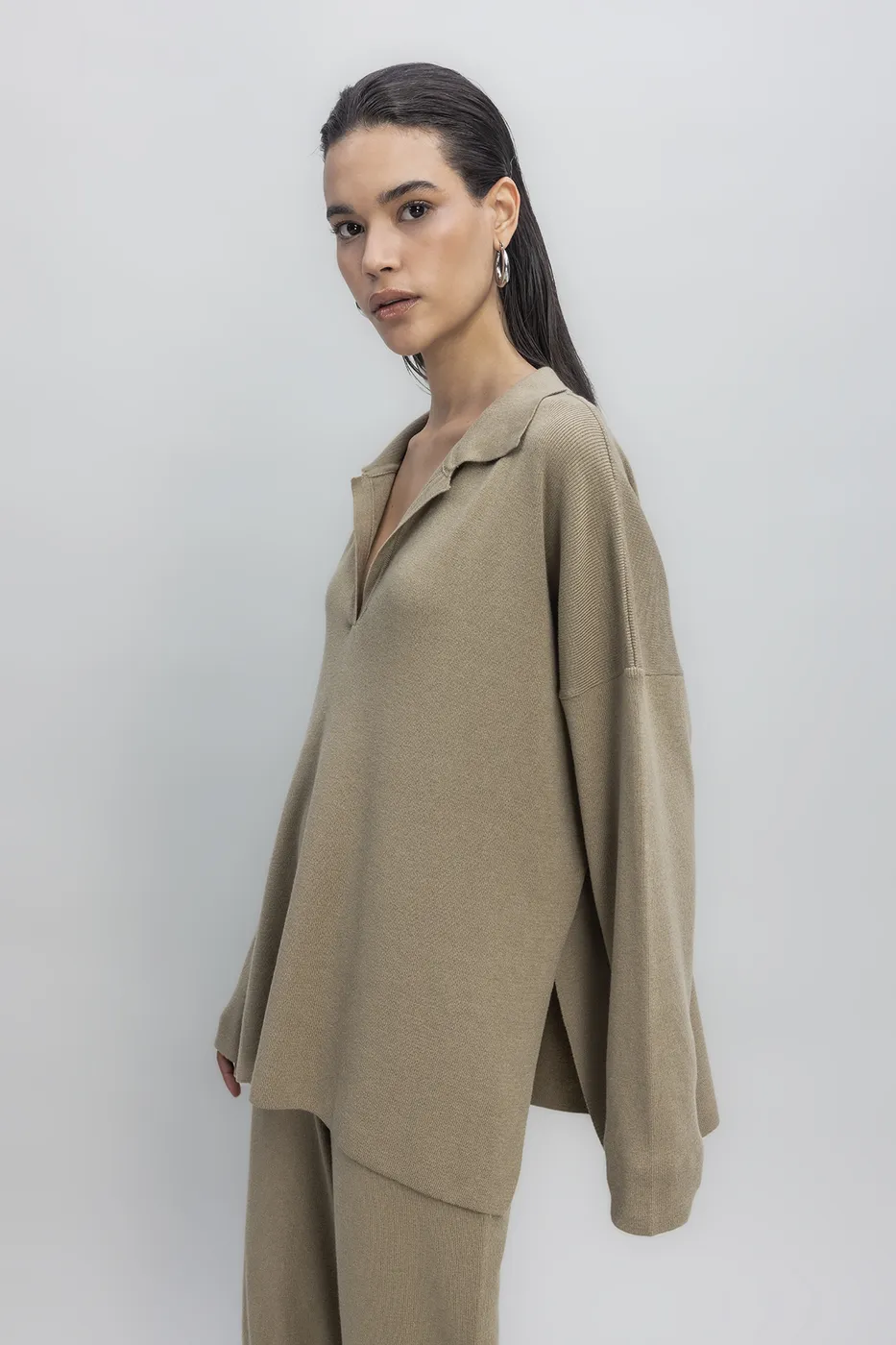 Bayan Haki Yakalı Oversize Triko Kazak