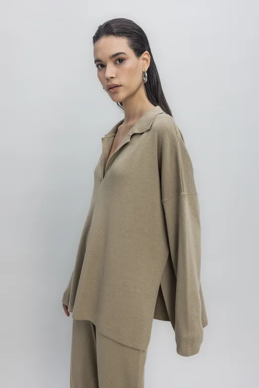 Bayan Haki Yakalı Oversize Triko Kazak - BSL