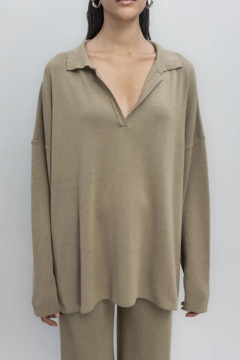 Bayan Haki Yakalı Oversize Triko Kazak