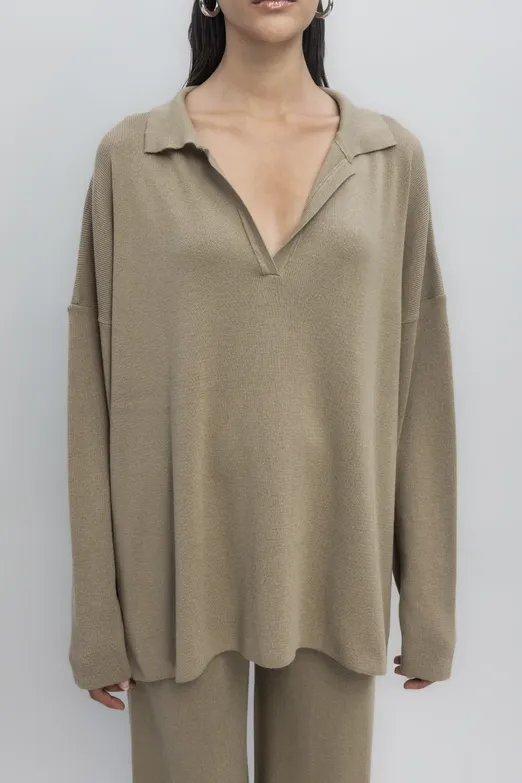 Bayan Haki Yakalı Oversize Triko Kazak - BSL