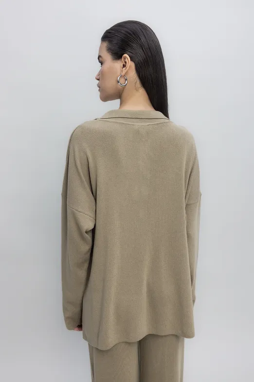 Bayan Haki Yakalı Oversize Triko Kazak - BSL