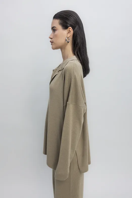 Bayan Haki Yakalı Oversize Triko Kazak - BSL