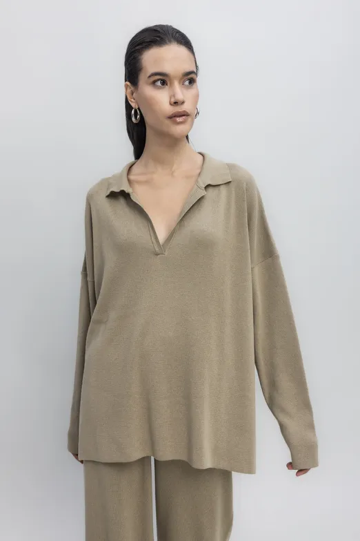 Bayan Haki Yakalı Oversize Triko Kazak - BSL